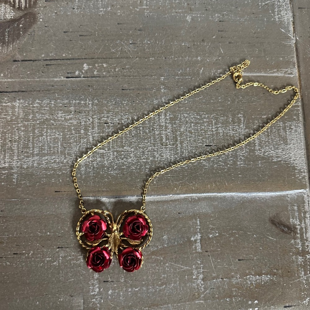 Vintage Gold Tone Butterfly Pendant Necklace Red Metallic Rose Flowers Statement